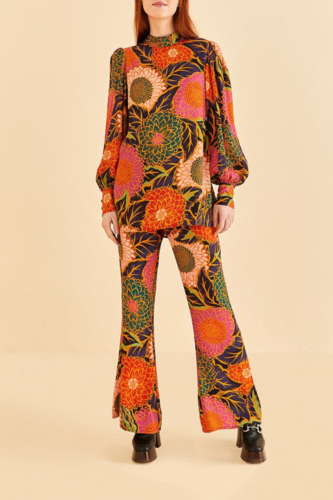 Pantalon évasé Vintage Garden en satin - Orange