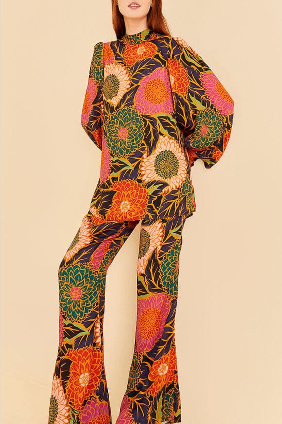 Pantalon évasé Vintage Garden en satin - Orange