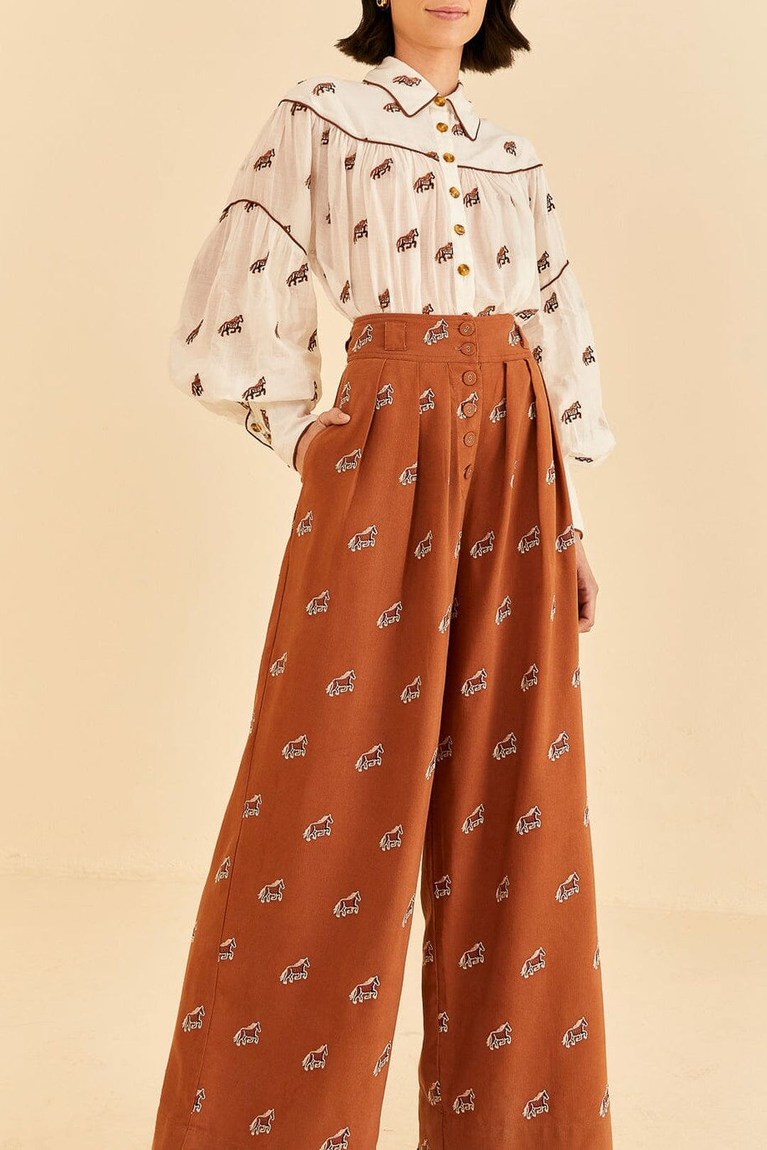 Pantalon à chevaux brodés en coton - Orange