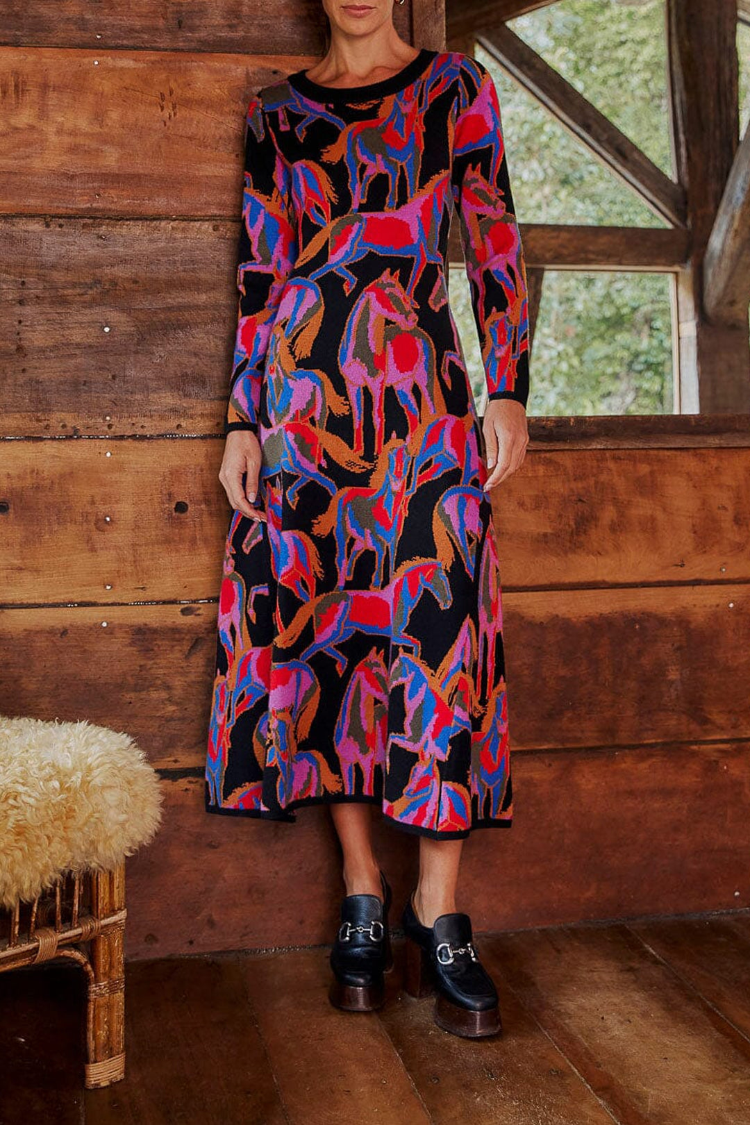 Robe longue Wild Horses en maille - Rouge