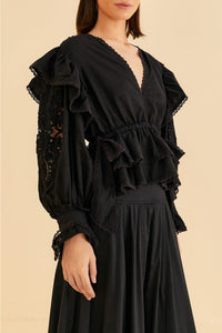Blouse à manches longues et col en V en coton - Noir