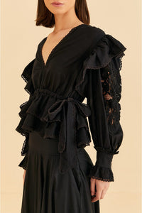 Blouse à manches longues et col en V en coton - Noir
