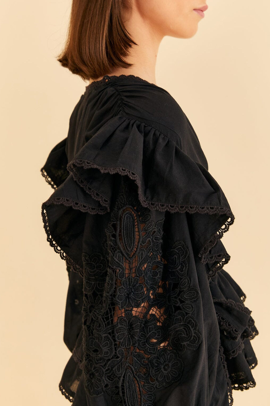 Blouse à manches longues et col en V en coton - Noir