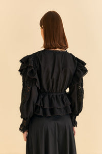 Blouse à manches longues et col en V en coton - Noir