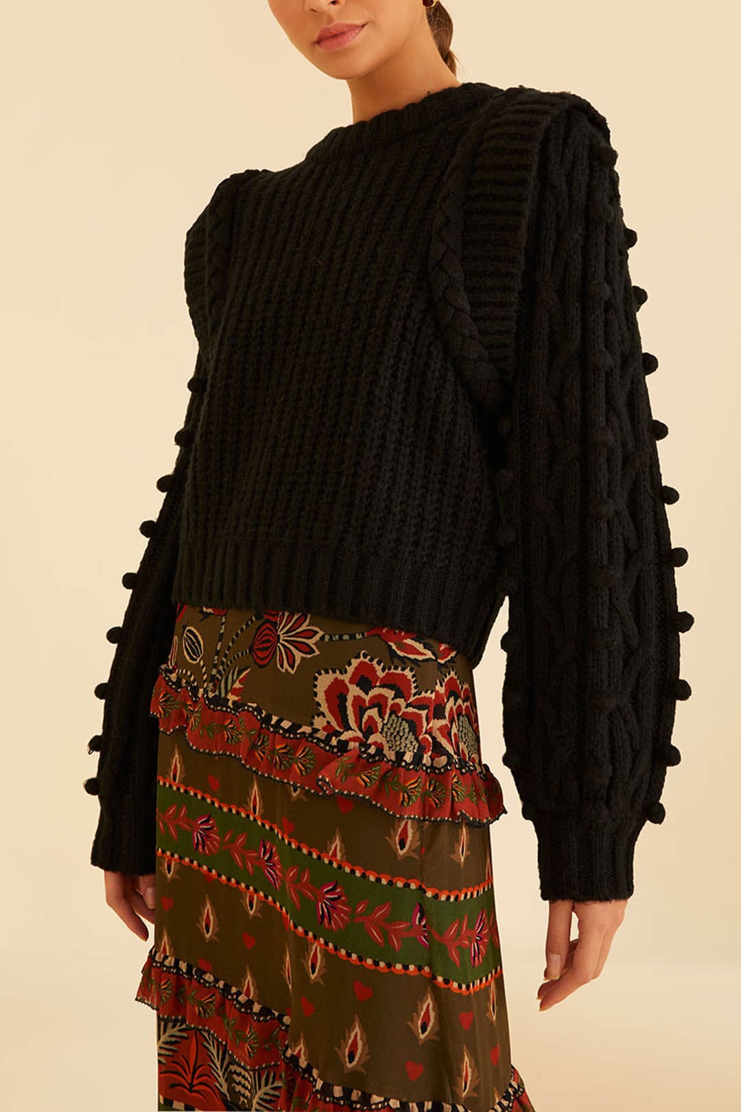 Pull tressé à manches bouffantes - Noir