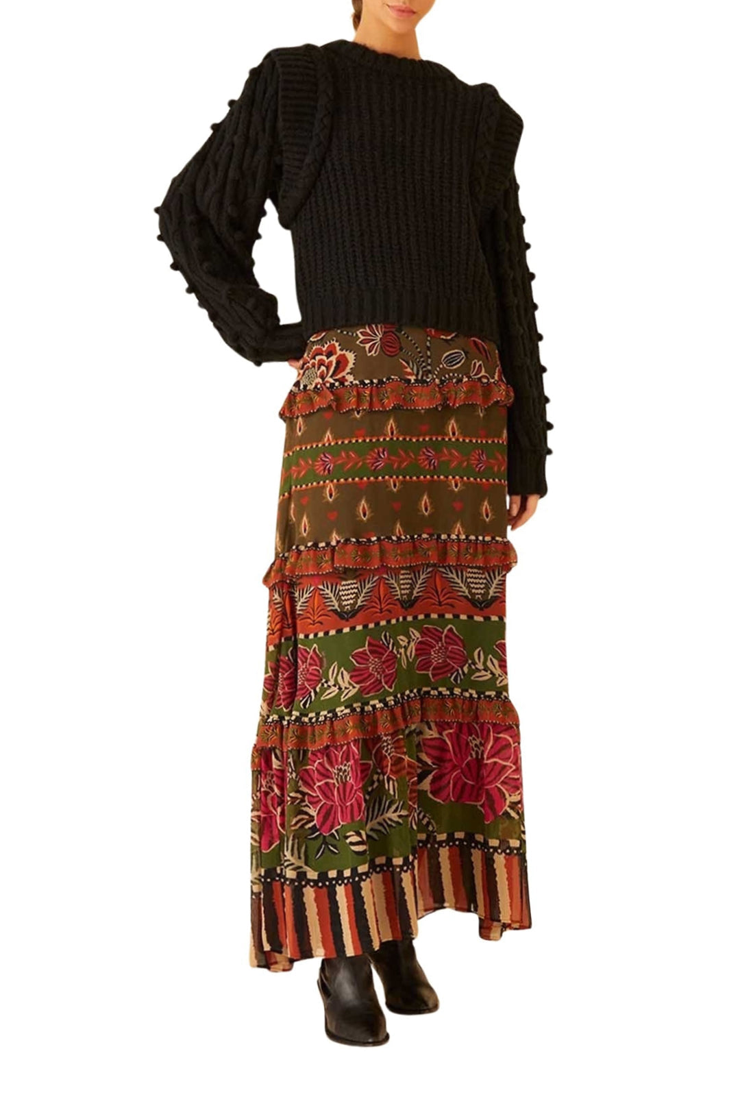 Pull tressé à manches bouffantes - Noir
