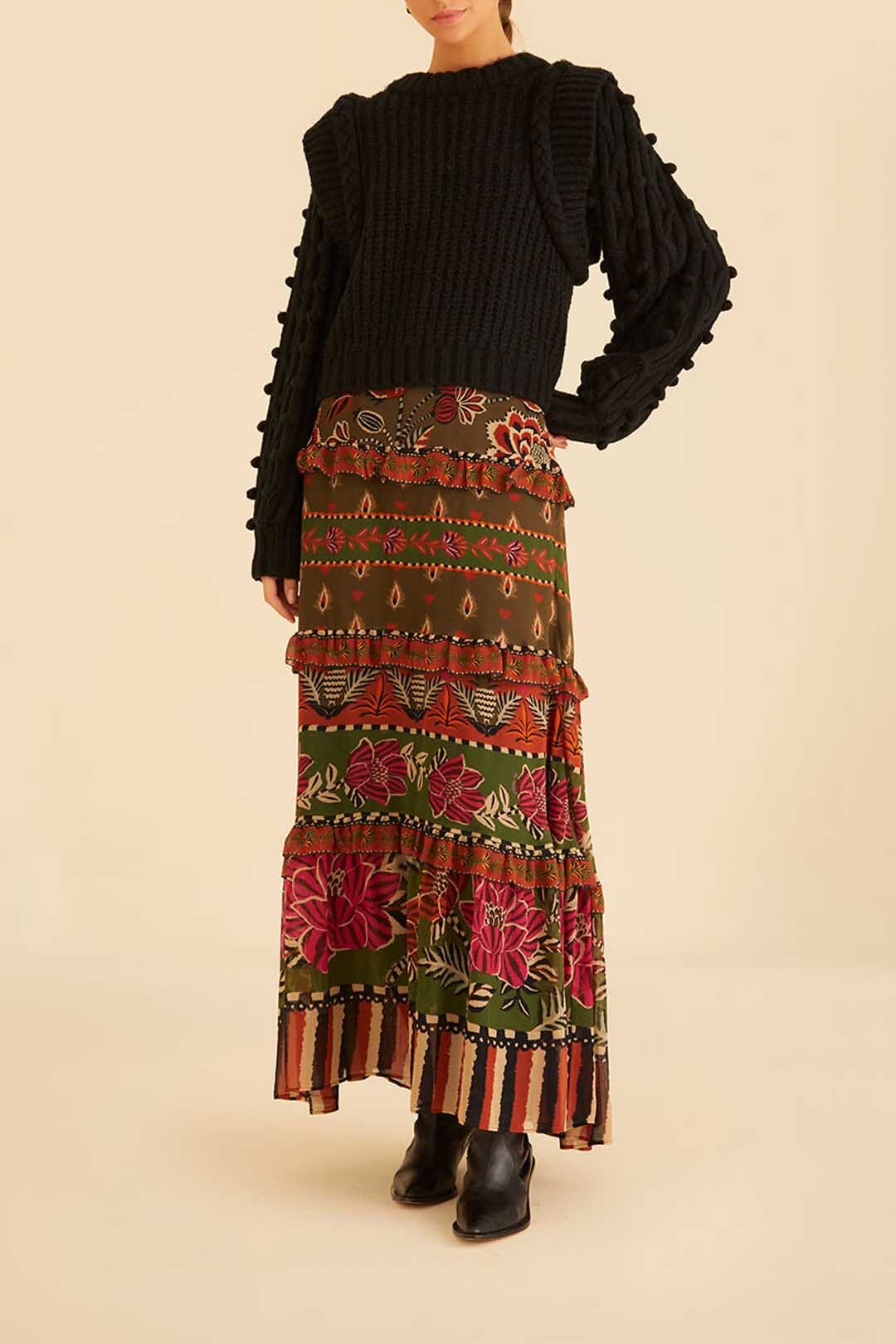 Pull tressé à manches bouffantes - Noir