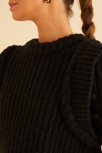 Pull tressé à manches bouffantes - Noir