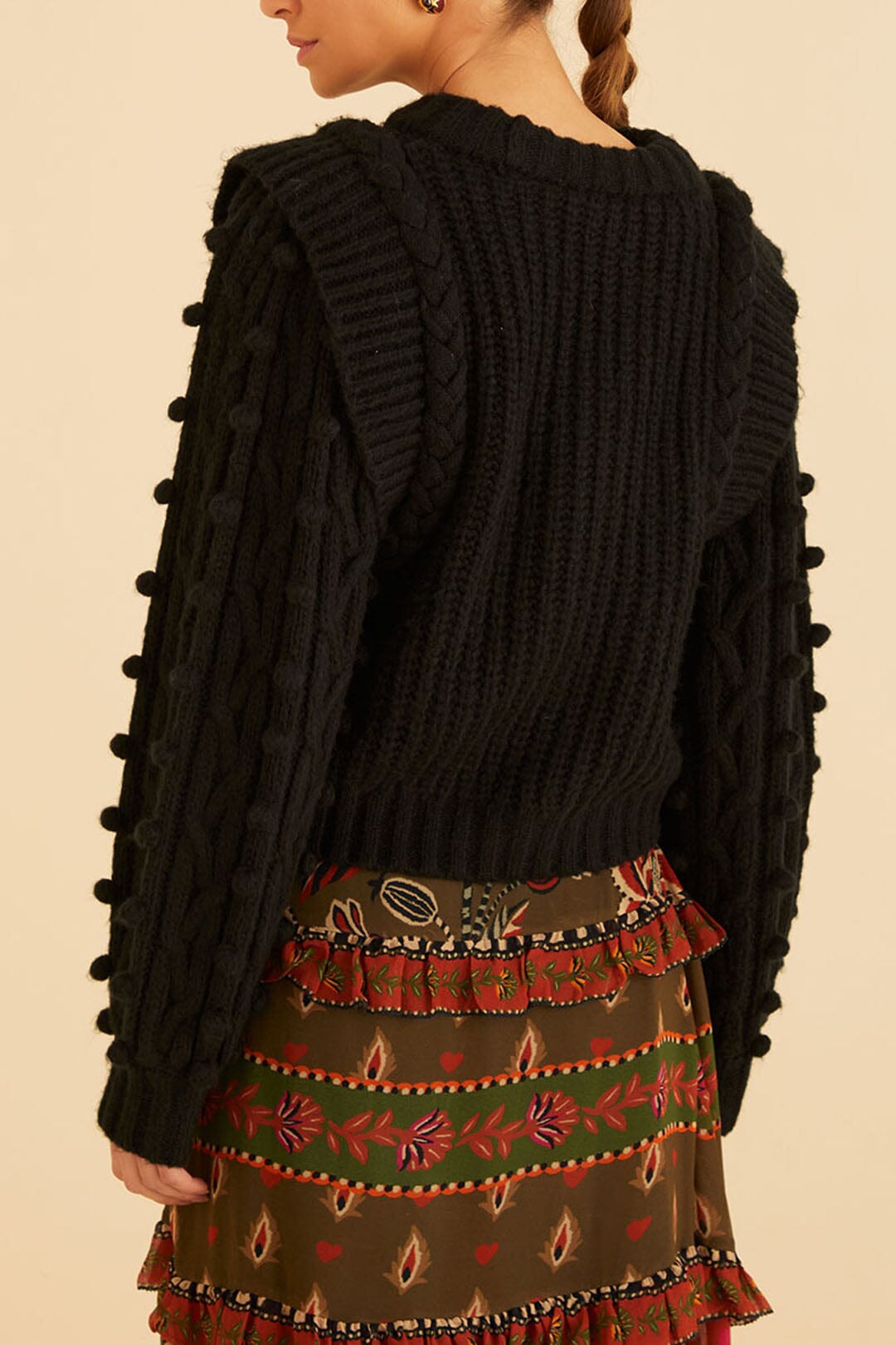 Pull tressé à manches bouffantes - Noir