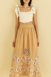 Jupe midi Sand Richelieu en lin - Beige