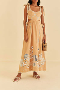 Robe longue Richelieu sans manches en lin - Beige