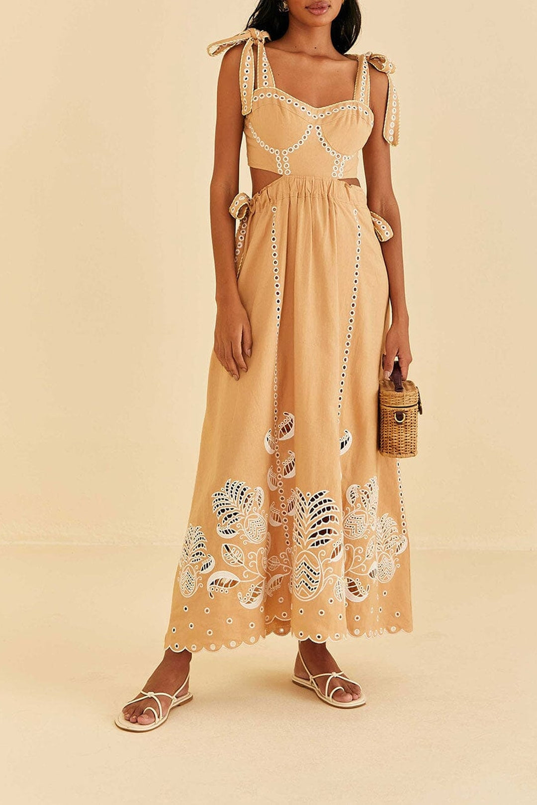Robe longue Richelieu sans manches en lin - Beige