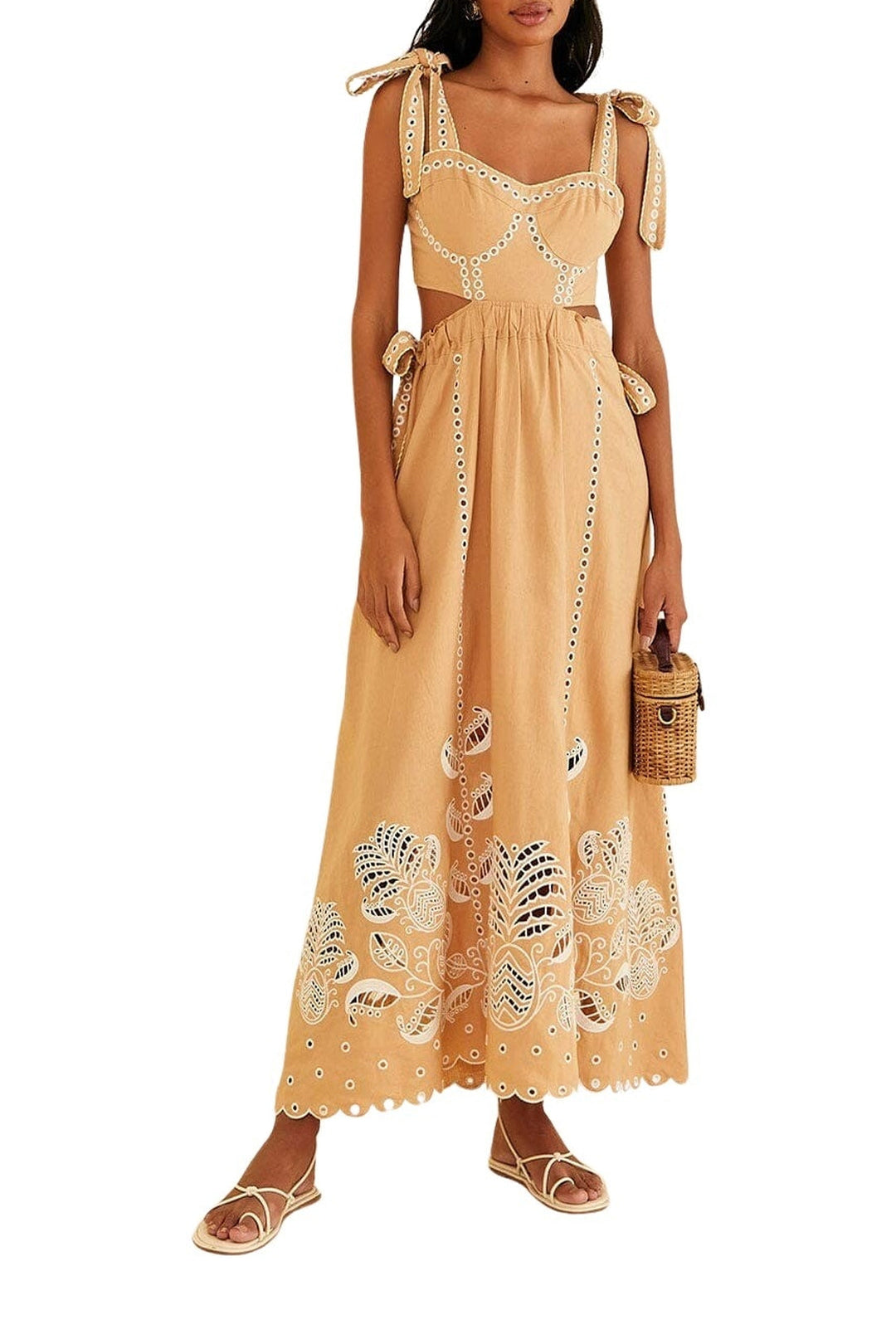 Robe longue Richelieu sans manches en lin - Beige