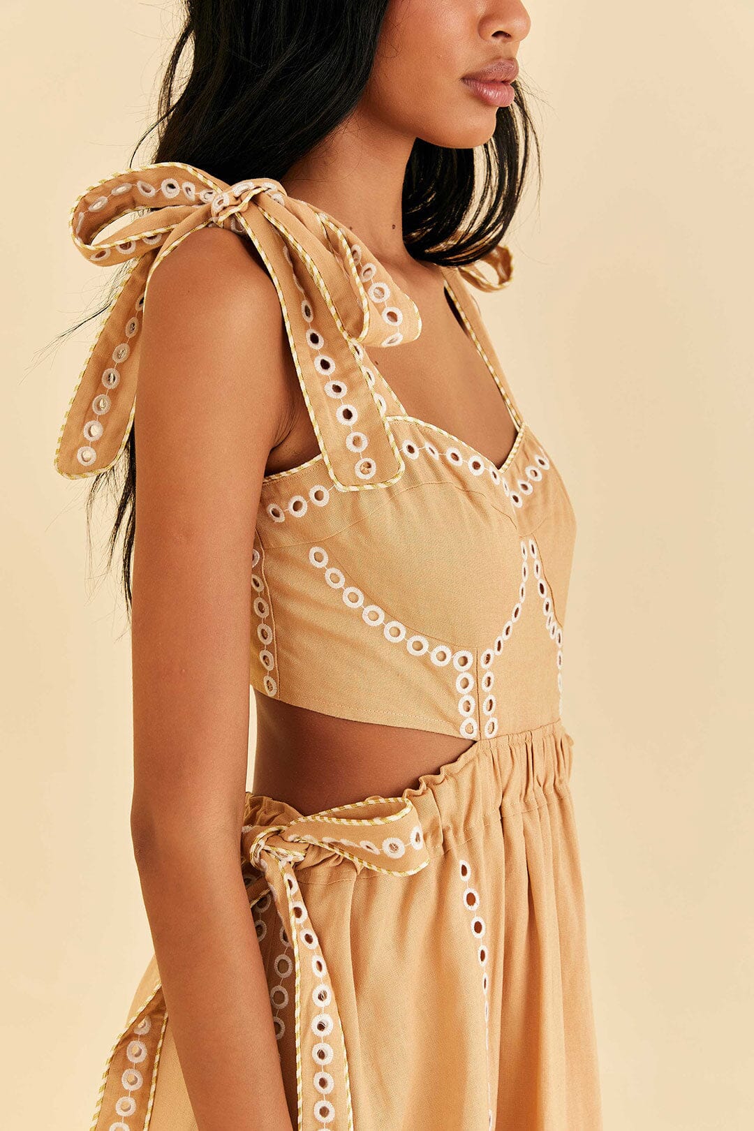 Robe longue Richelieu sans manches en lin - Beige
