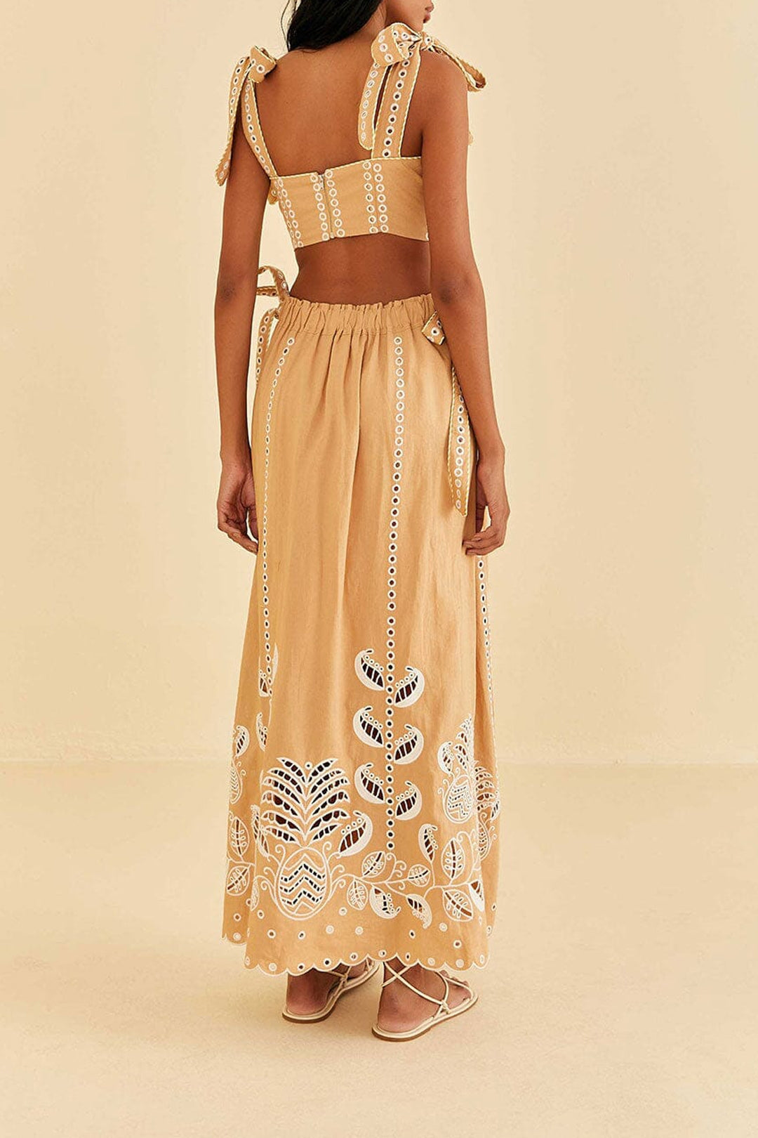 Robe longue Richelieu sans manches en lin - Beige
