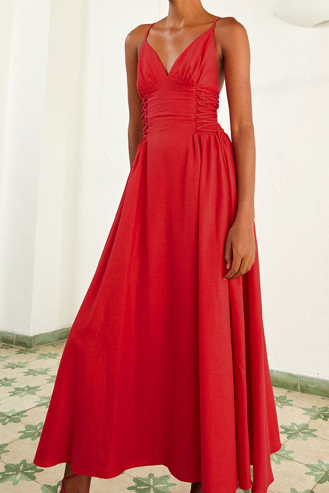 Robe longue sans manches en lin - Rouge