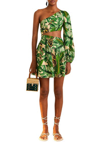 Robe courte asymétrique à feuilles tropicales en lin - Vert