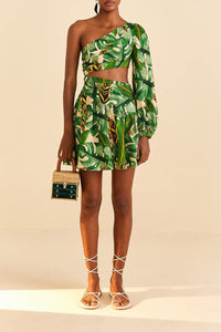 Robe courte asymétrique à feuilles tropicales en lin - Vert