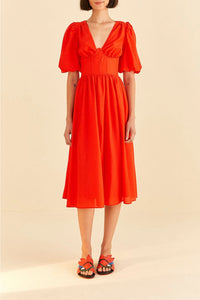 Robe midi à manches courtes en coton - Rouge