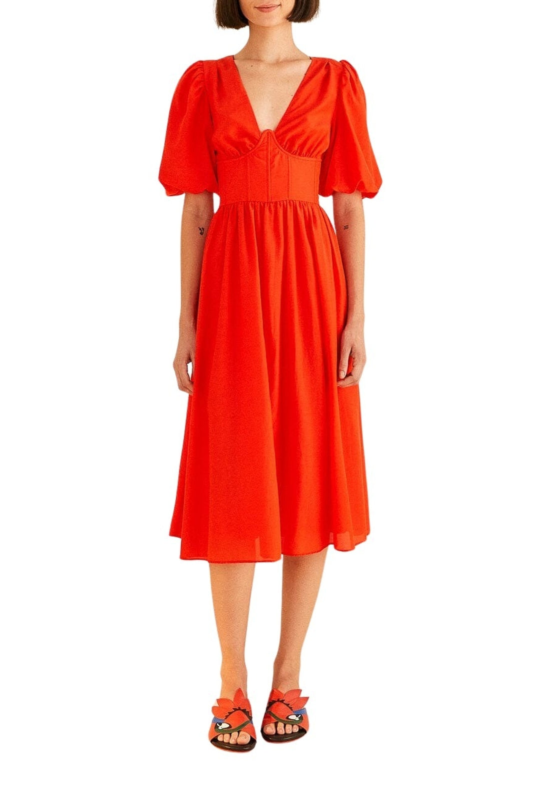 Robe midi à manches courtes en coton - Rouge