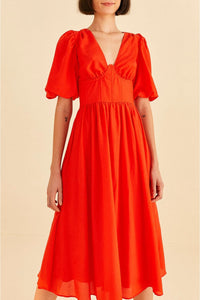 Robe midi à manches courtes en coton - Rouge