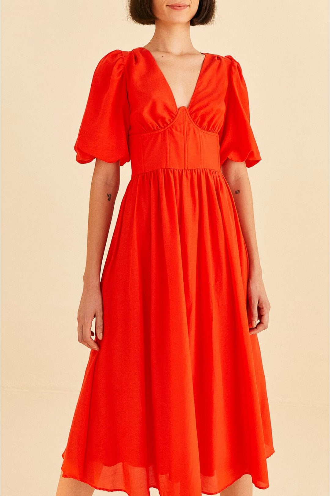 Robe midi à manches courtes en coton - Rouge