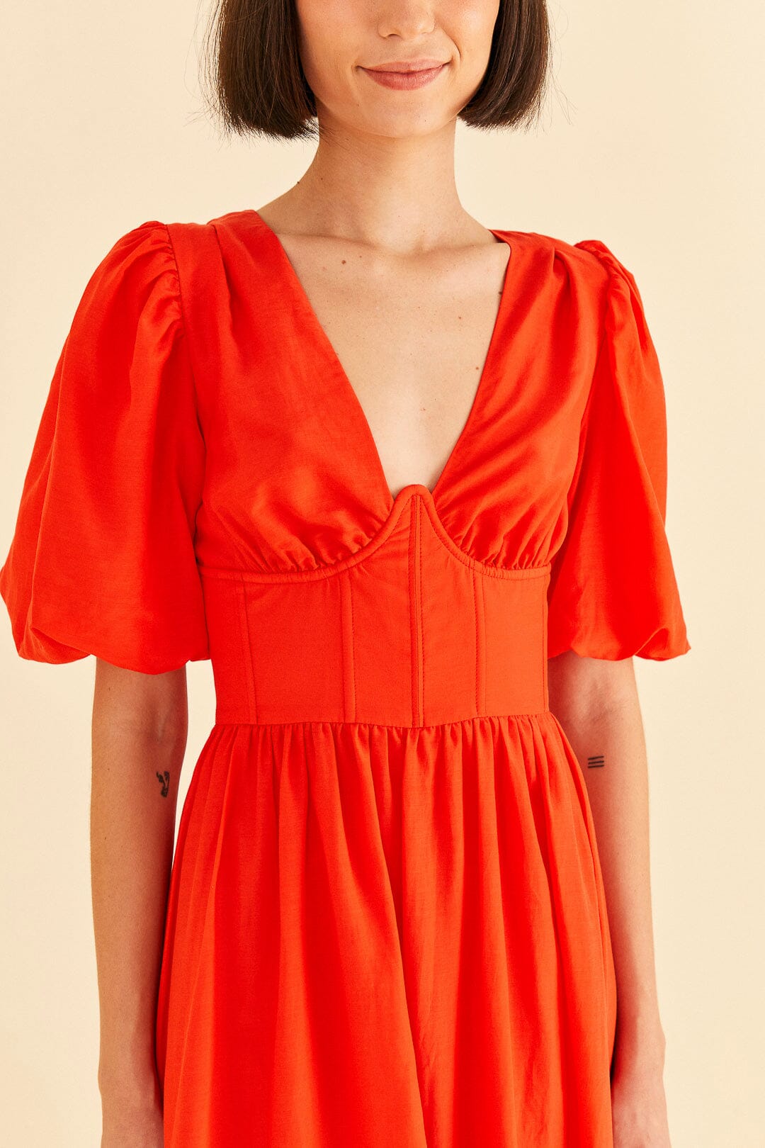 Robe midi à manches courtes en coton - Rouge