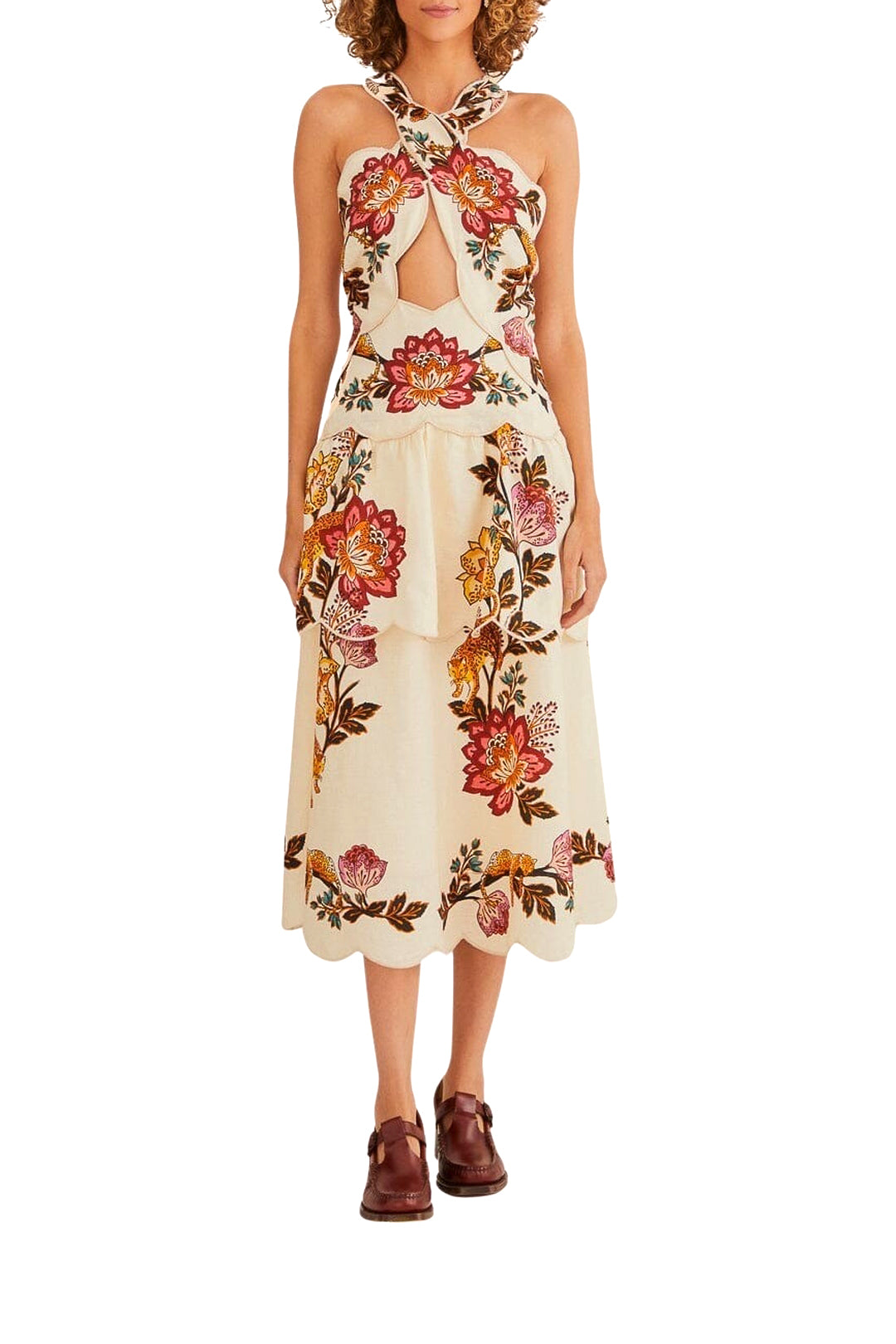 Robe midi Sand Cut Out à fleurs Léopard en lin - Beige