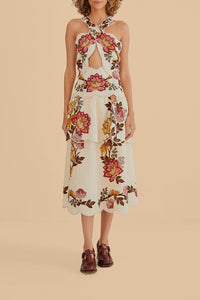 Robe midi Sand Cut Out à fleurs Léopard en lin - Beige