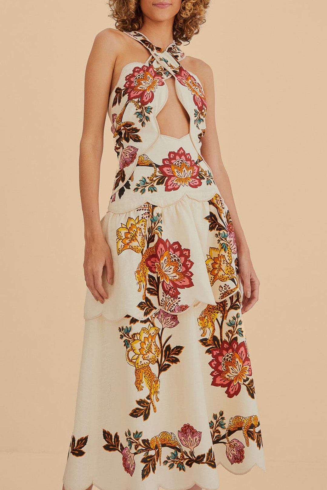 Robe midi Sand Cut Out à fleurs Léopard en lin - Beige
