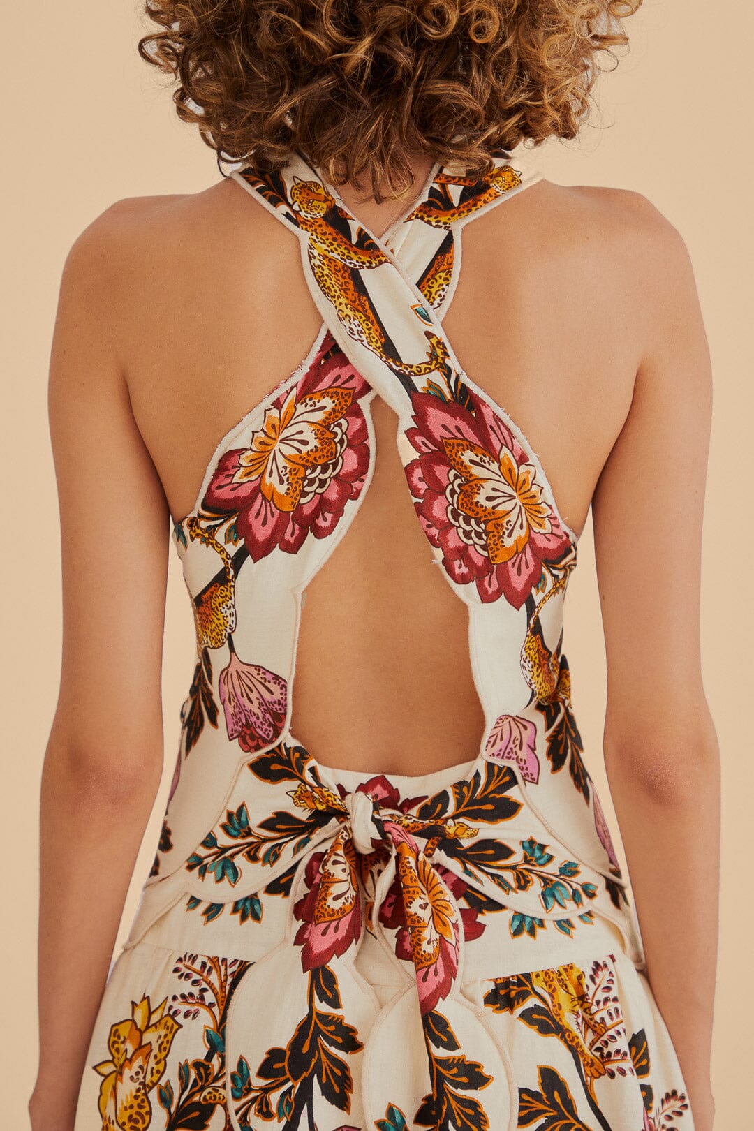 Robe midi Sand Cut Out à fleurs Léopard en lin - Beige