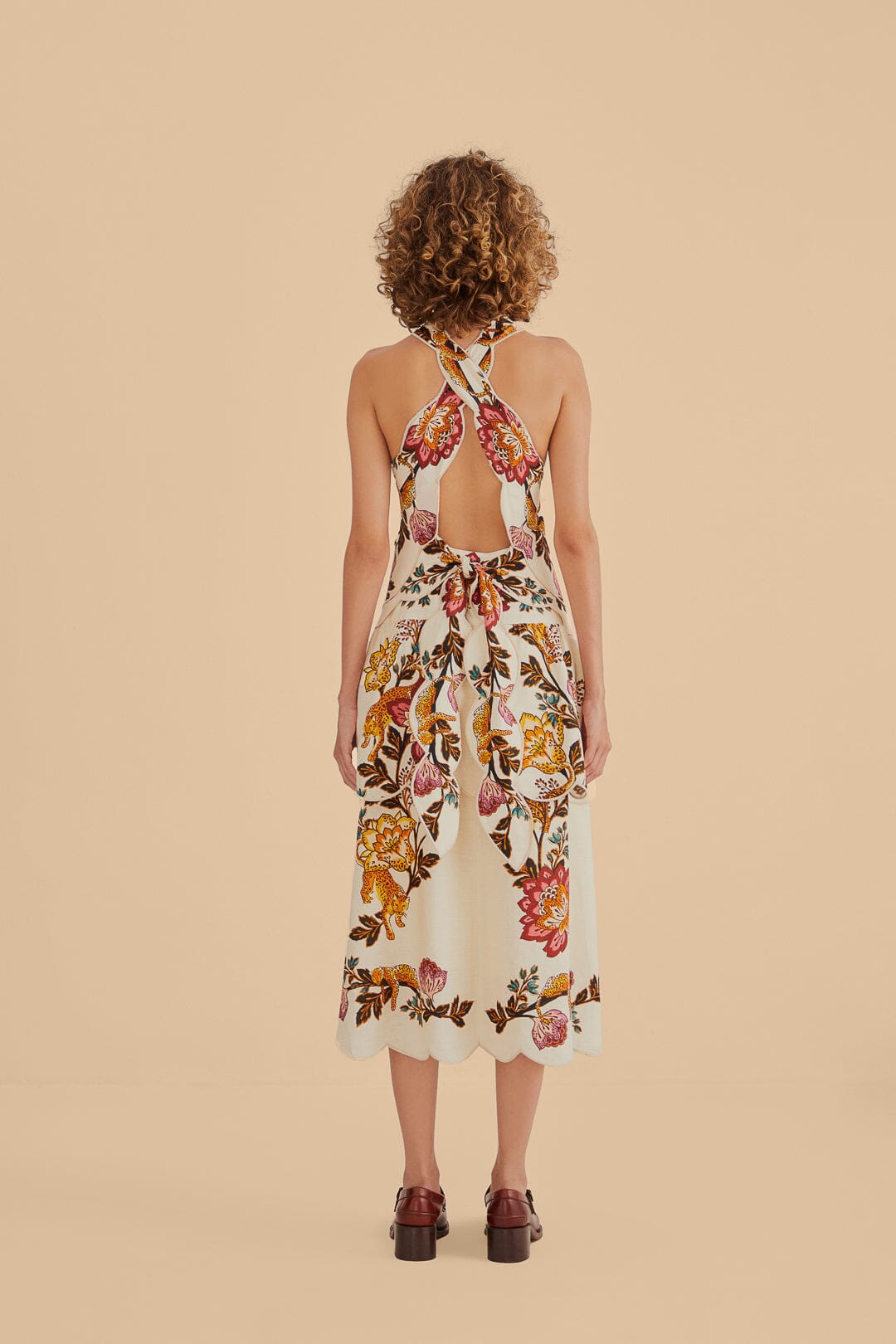 Robe midi Sand Cut Out à fleurs Léopard en lin - Beige