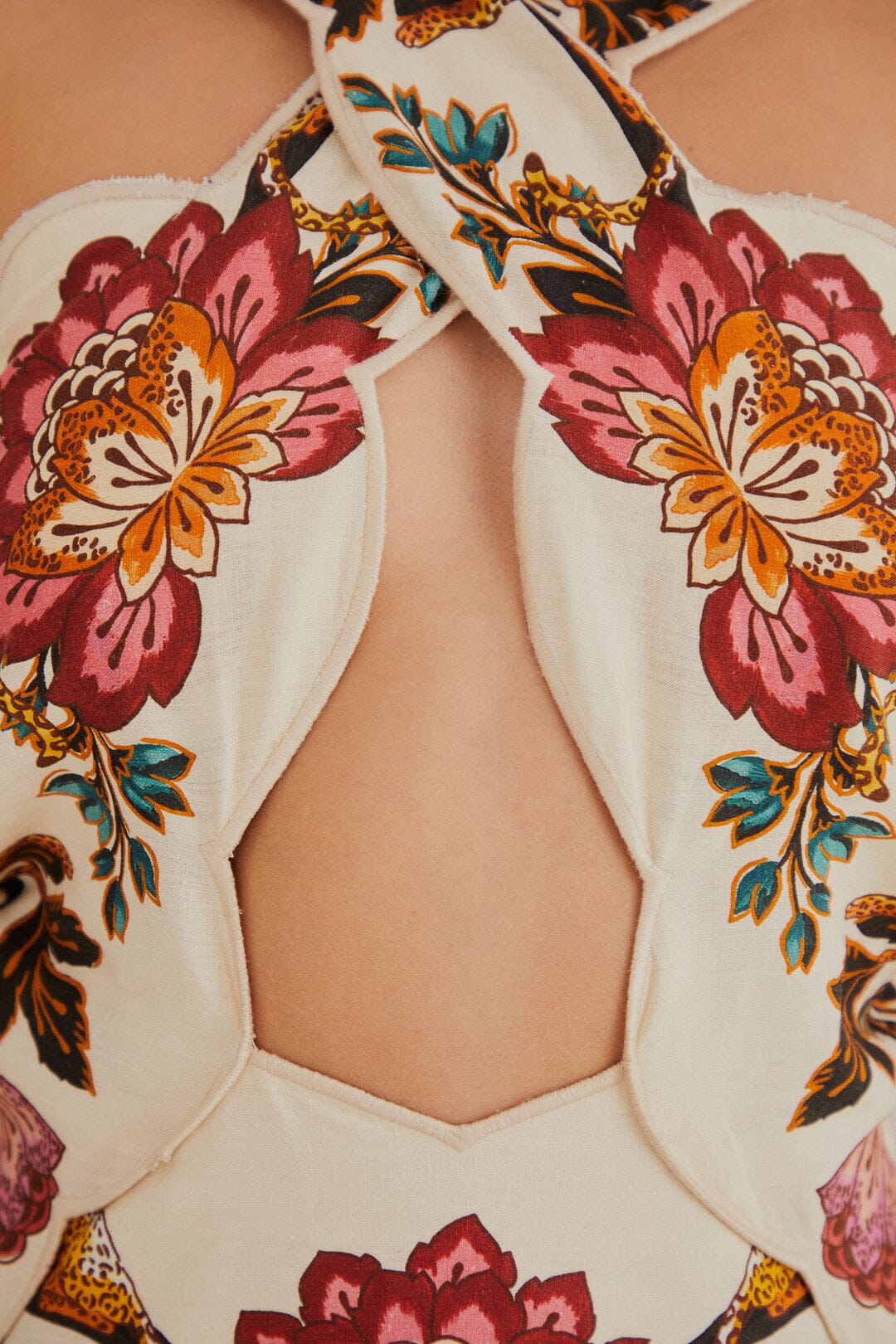 Robe midi Sand Cut Out à fleurs Léopard en lin - Beige