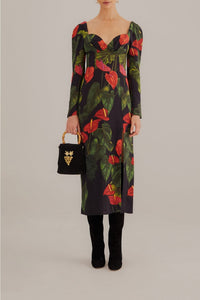 Robe midi fendue Anthurium - Noir