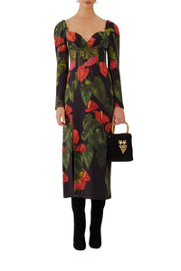 Robe midi fendue Anthurium - Noir