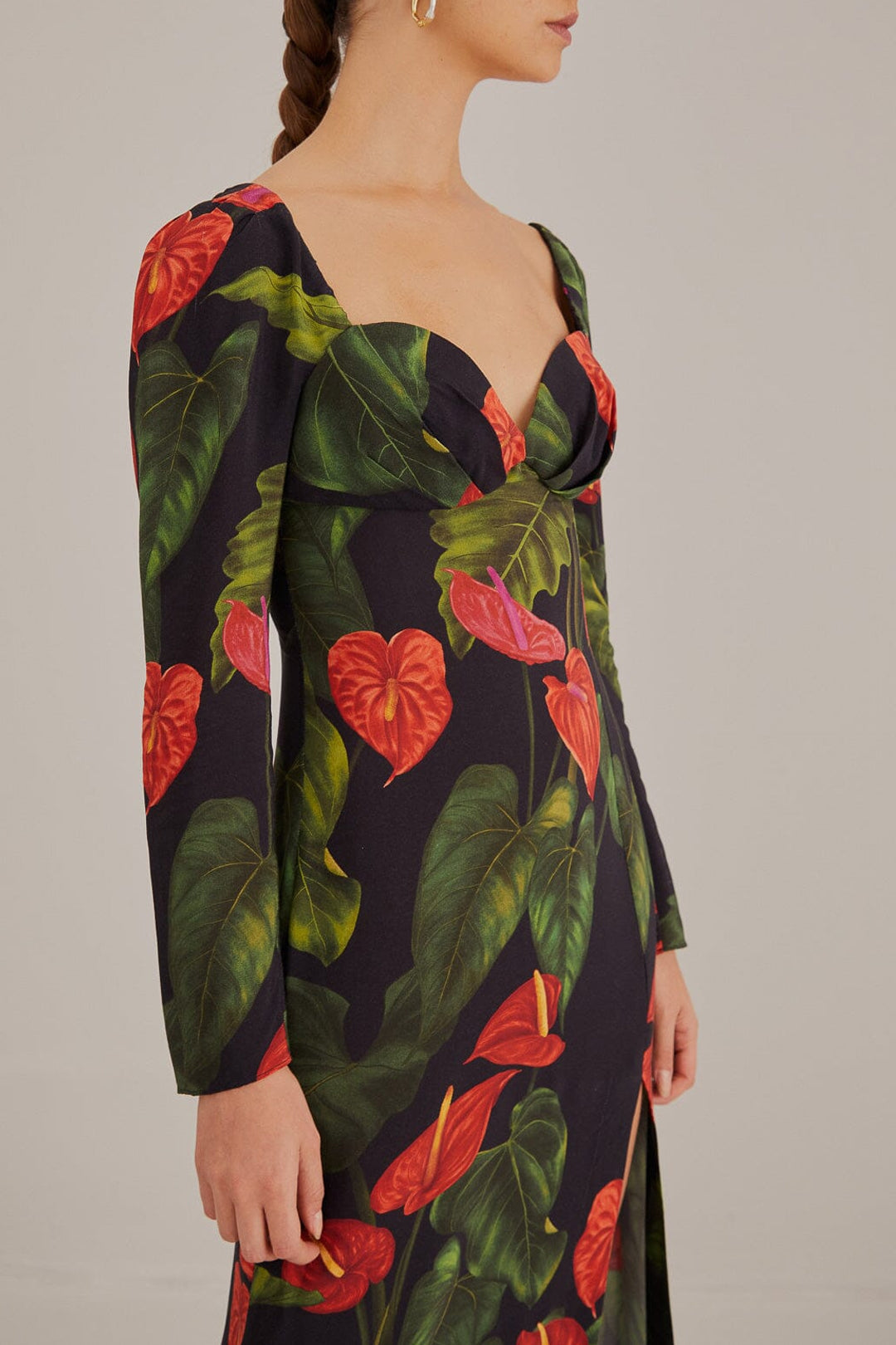 Robe midi fendue Anthurium - Noir