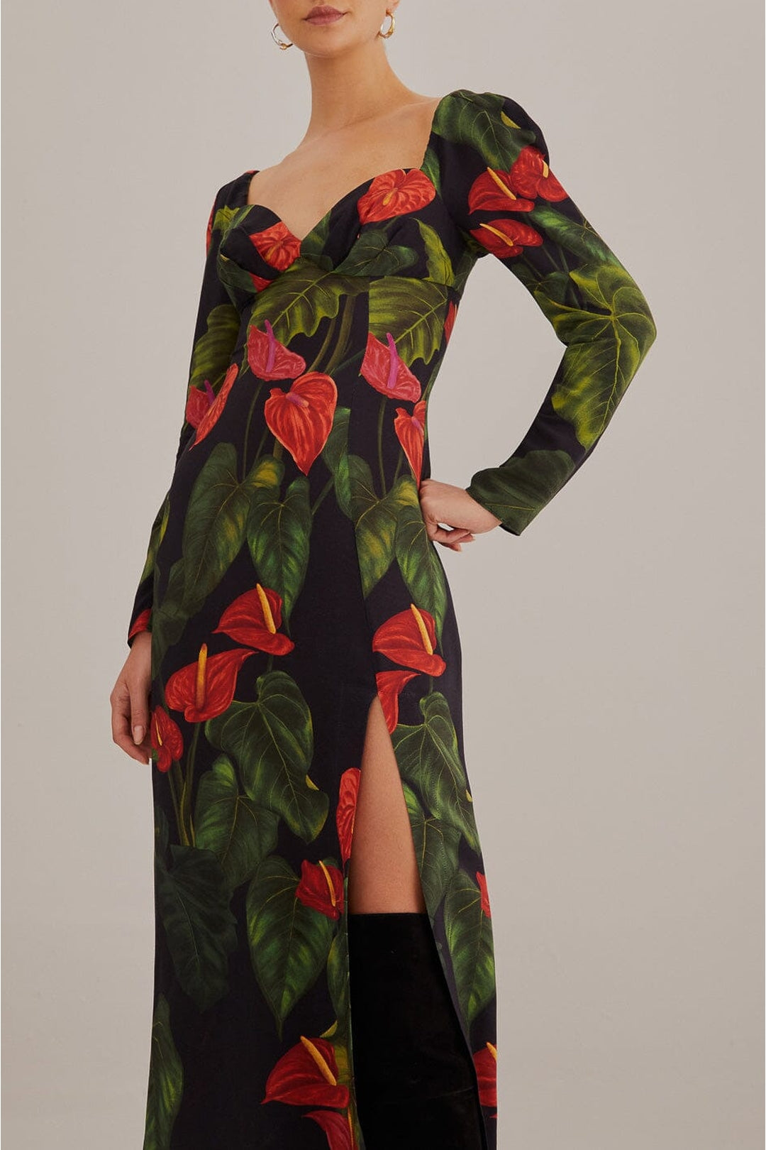 Robe midi fendue Anthurium - Noir