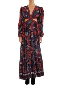 Robe longue à découpes Tropical Shine en denim foncé - Rouge