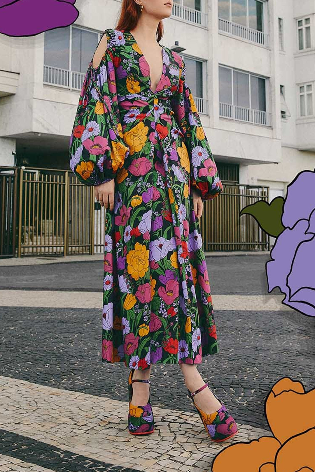 Robe longue Bucolic Garden à découpes en coton - Violet