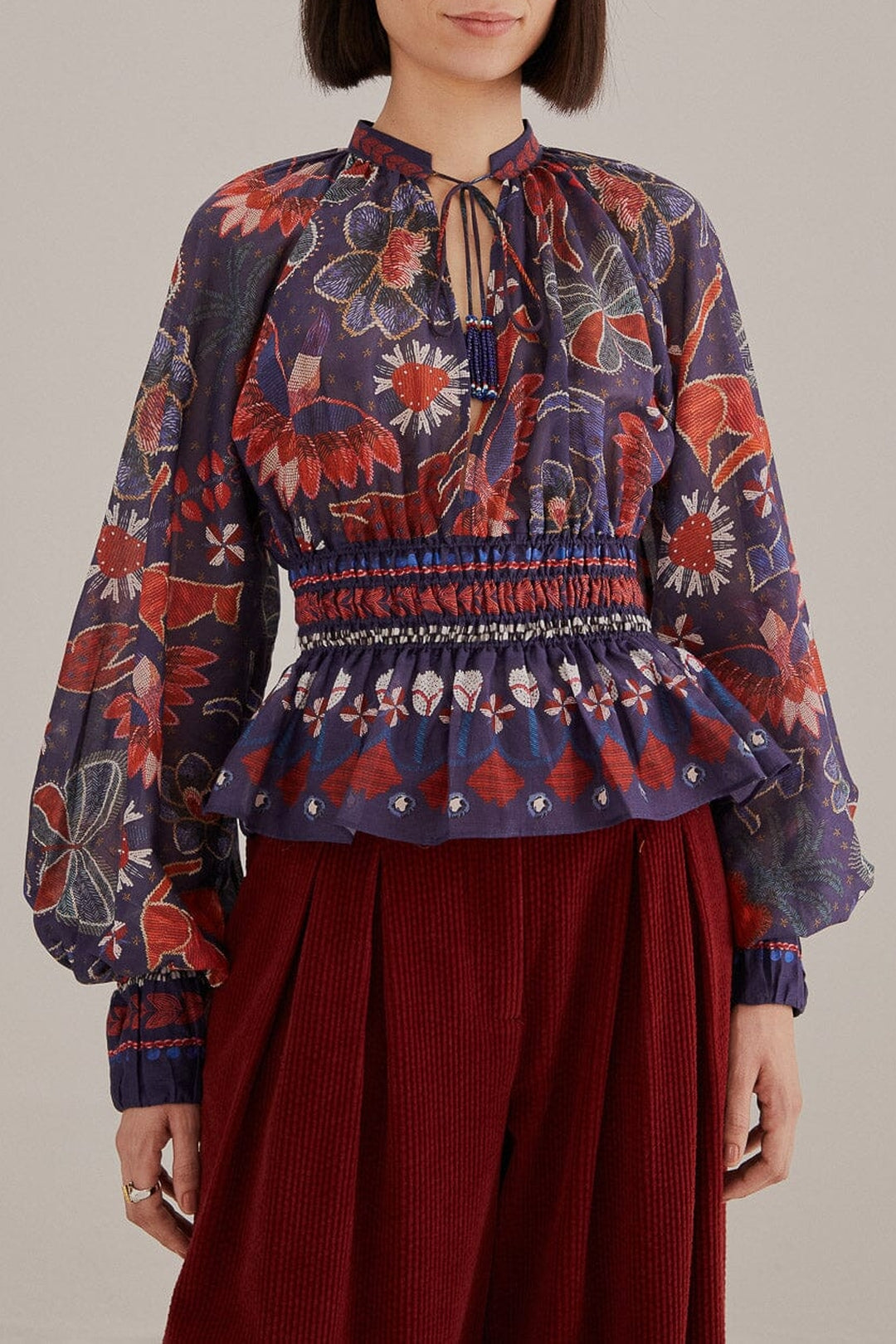 Blouse Tropical Shine à encolure en V en coton - Bleu