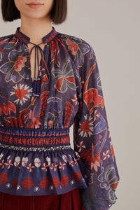 Blouse Tropical Shine à encolure en V en coton - Bleu