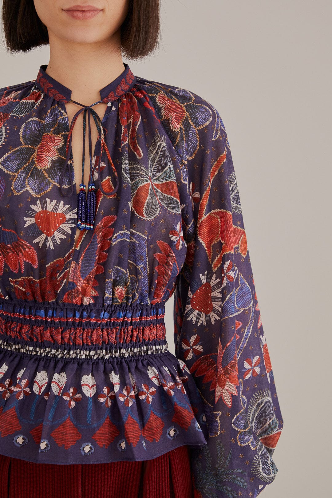 Blouse Tropical Shine à encolure en V en coton - Bleu