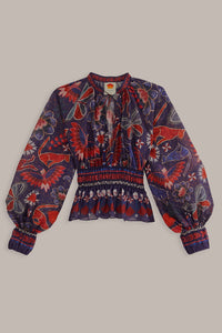 Blouse Tropical Shine à encolure en V en coton - Bleu