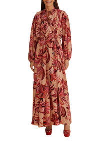 Robe longue à encolure en V et motif floral - Rose