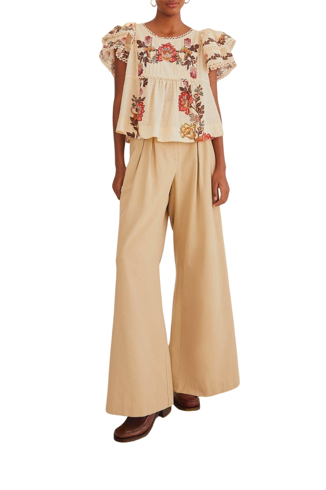 Pantalon taille haute en coton - Beige