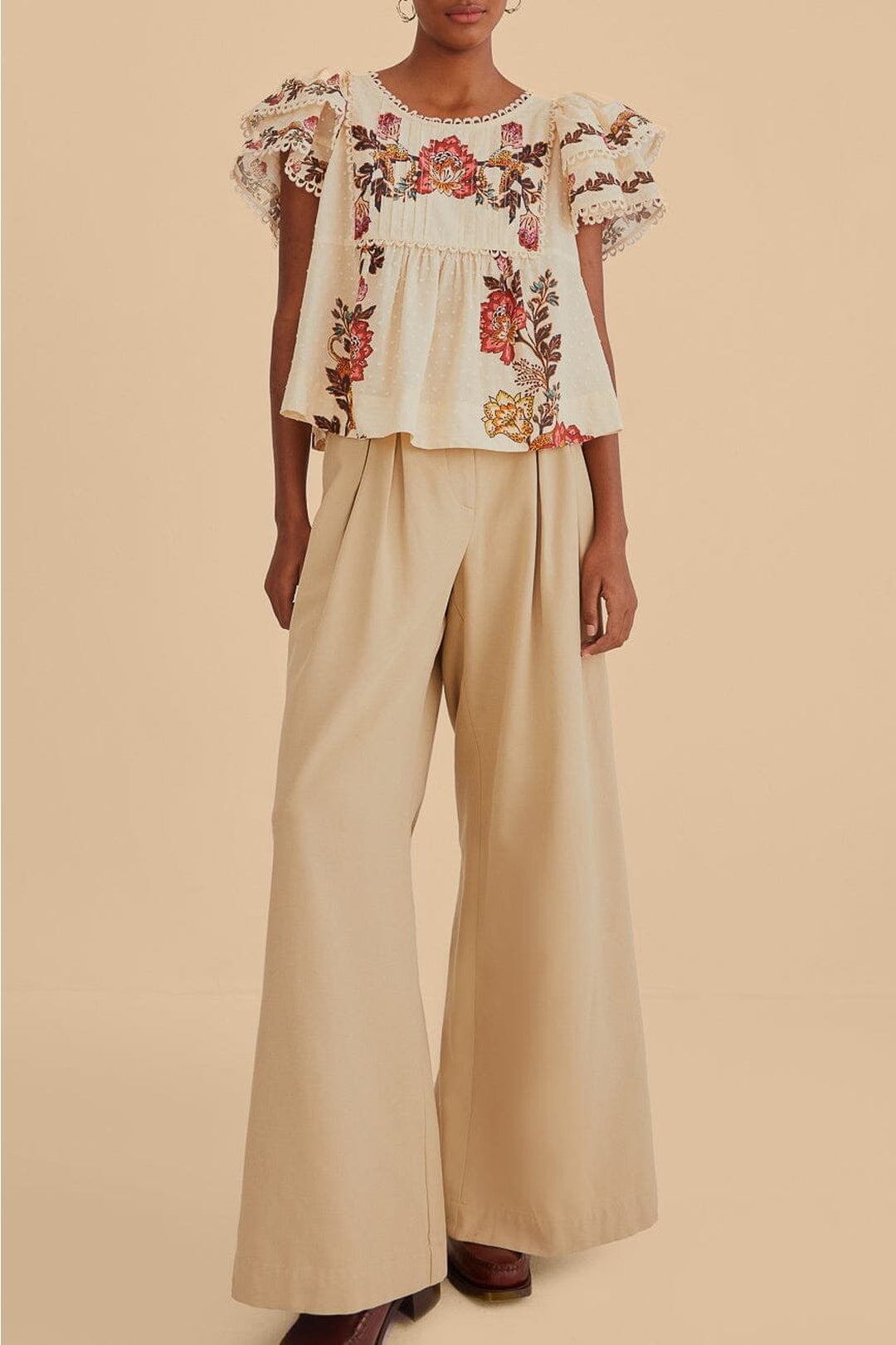 Pantalon taille haute en coton - Beige
