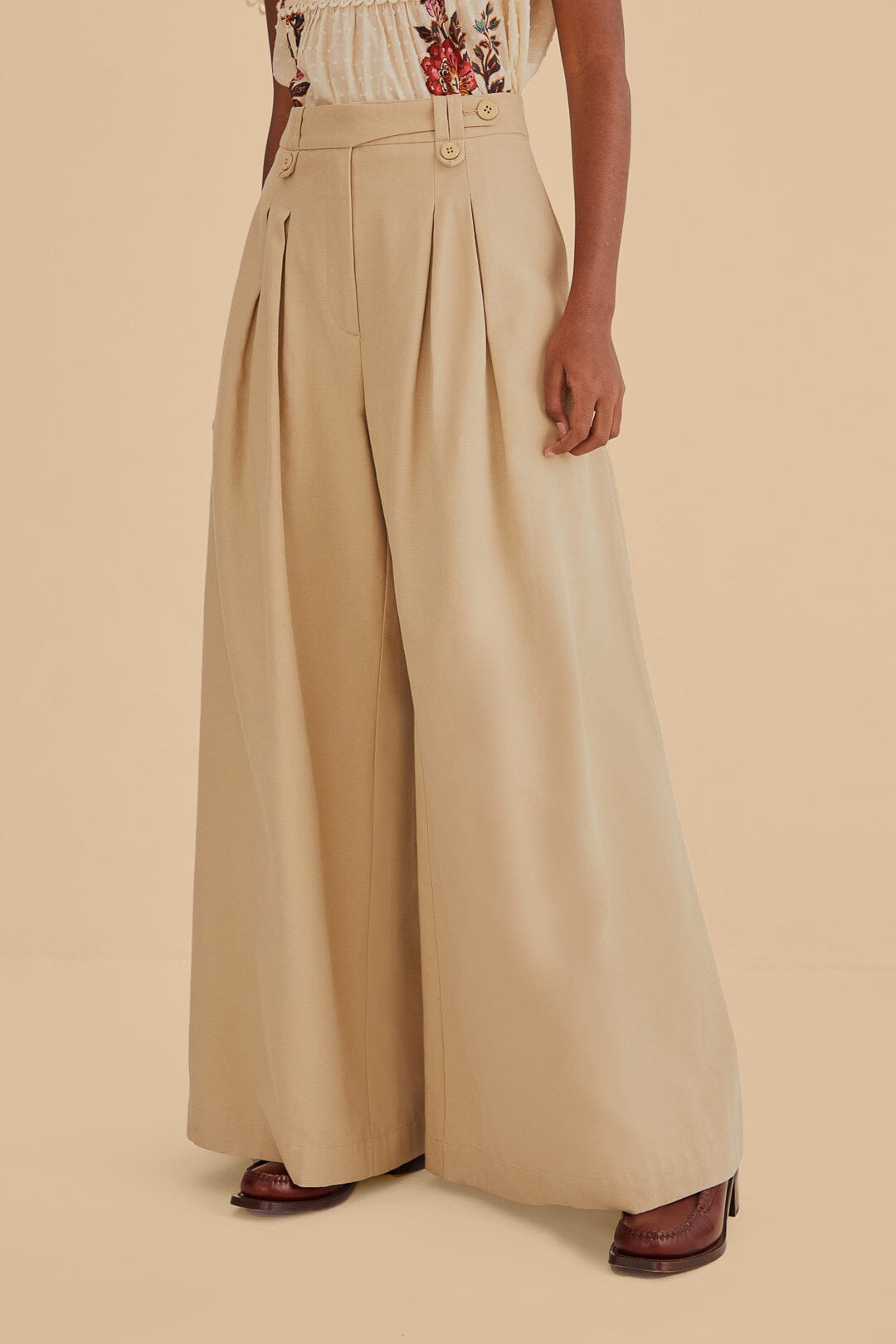 Pantalon taille haute en coton - Beige