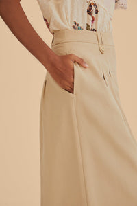 Pantalon taille haute en coton - Beige