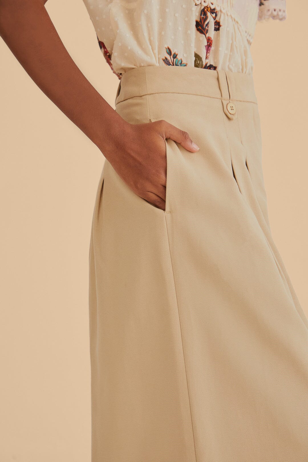 Pantalon taille haute en coton - Beige