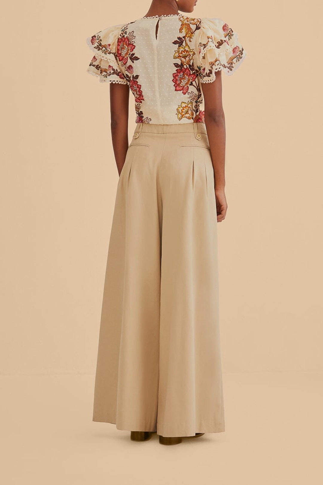 Pantalon taille haute en coton - Beige